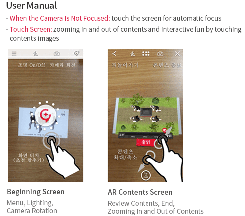 [User Manual] - When the Camera Is Not Focused: touch the screen for automatic focus / - Touch Screen: zooming in and out of contents and interactive fun by touching contents images / Beginning Screen : (Menu / Lighting / Camera Rotatio) / AR Contents Screen : (Review Contents / End / Zooming In and Out of Contents)