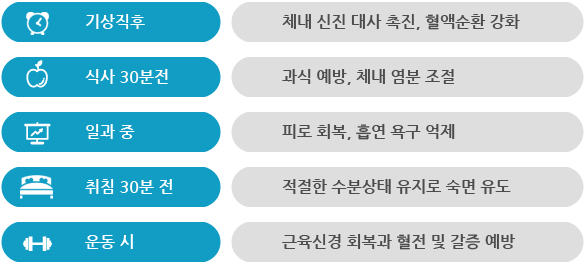 기상직후 : 체내 신진 대사 촉진, 혈액순환 강화
식사 30분전 : 과식 예방, 체내 염분 조절
일과 중 : 피로 회복, 흡연 욕구 억제
취침 30분 전 : 적절한 수분상태 유지로 숙면 유도
운동 시 : 근육신경 회복과 혈전 및 갈증 예방